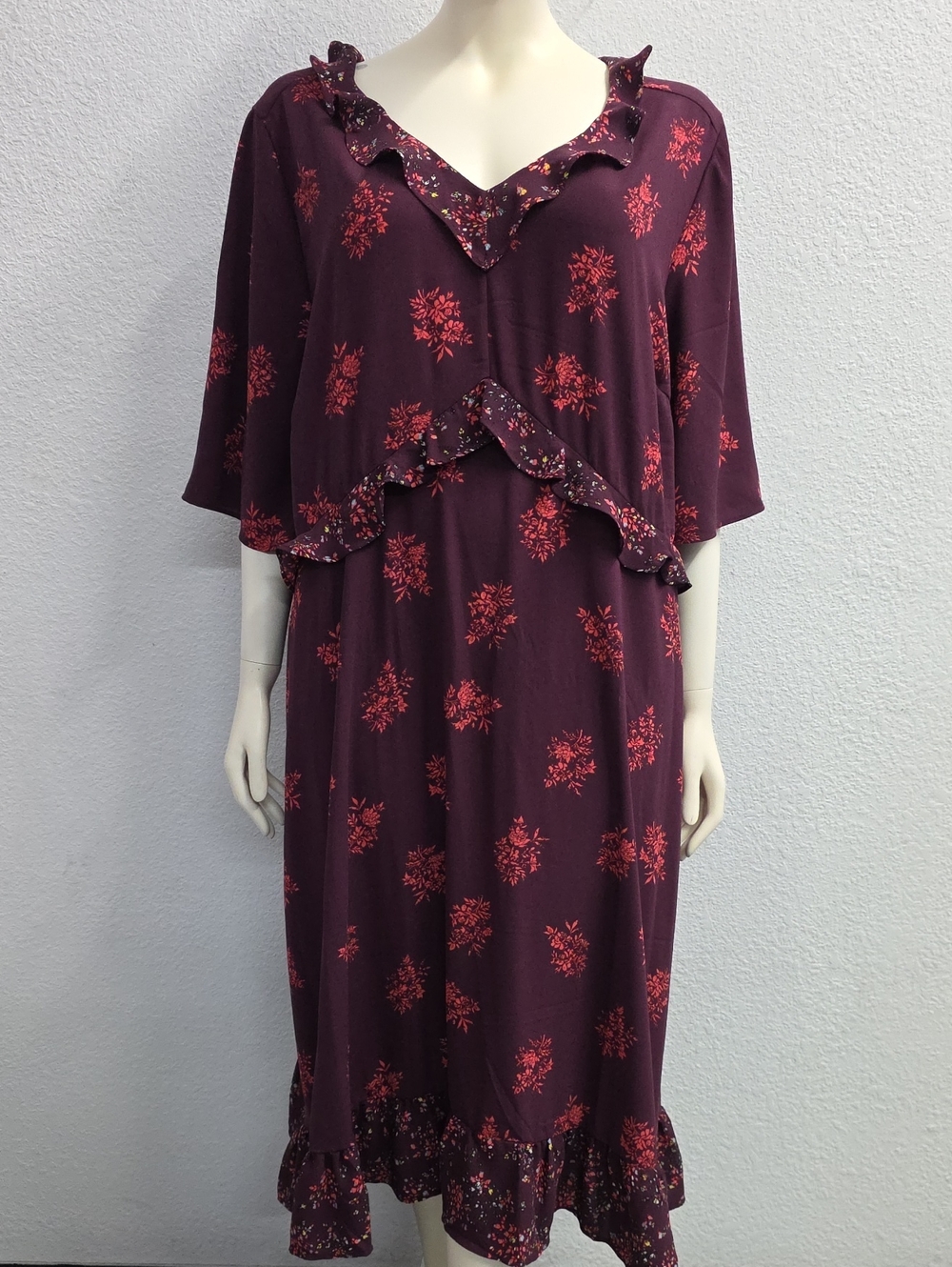 Chelsea Studio Burgundy Floral Ruffle Long Midi Dress Size 26/28 Plus